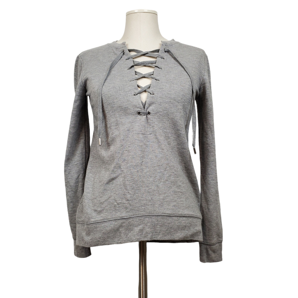 WHBM WHITE HOUSE BLACK MARKET|  Lace Up Long Sleeve Sweatshirt Deep V XS